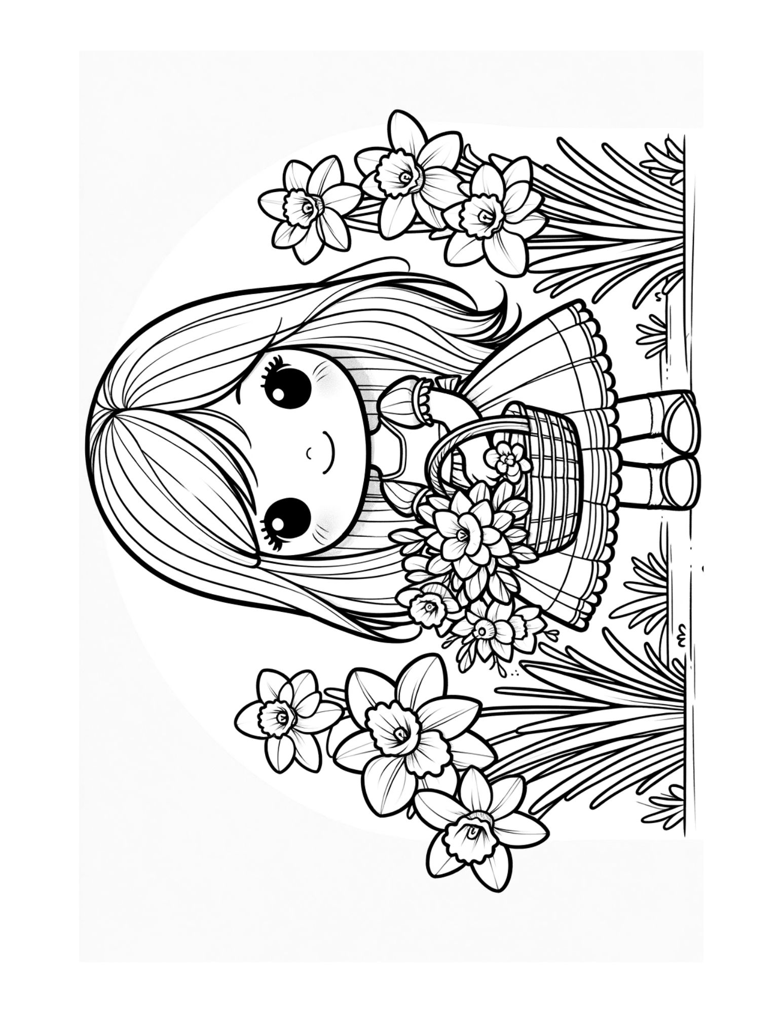 Online coloring book: Coloring page of a girl with a basket of spring flowers